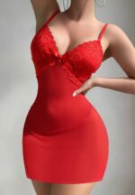 Deep V-Neck Red Lingerie Dress with Crisscross Back - Image 3