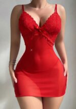 Deep V-Neck Red Lingerie Dress with Crisscross Back - Image 5
