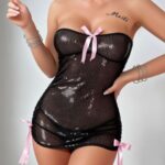 Black Mesh Strapless Dress with Pink Bow Detail