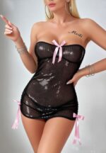 Black Mesh Strapless Dress with Pink Bow Detail