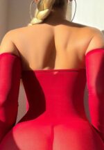 Sultry Red Mesh Lingerie Set with Lace-Up Detail - Image 5