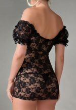 Black Lace Off-the-Shoulder Dress with Floral Pattern - Image 6