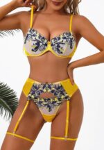 Yellow Floral Embroidered Lingerie Set with Garter - Image 4