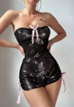 Black Mesh Strapless Dress with Pink Bow Detail - Image 5