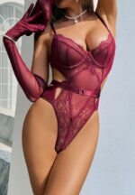Burgundy Lace Bodysuit with Matching Long Gloves - Image 2
