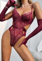 Burgundy Lace Bodysuit with Matching Long Gloves - Image 4