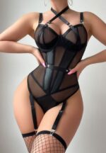 Black Mesh Bodysuit with Garter Straps and Cutout Back