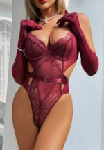 Burgundy Lace Bodysuit with Matching Long Gloves - Image 6