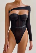 Women's One Shoulder Mesh Patchwork Bodysuit - Image 6