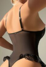 Black Lace Bodysuit with Pink Ribbon Lacing - Image 2