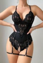 Black Lace Bodysuit with Attached Garters - Image 3