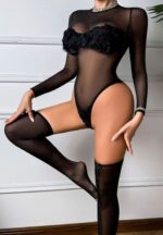 Black Sheer Long-Sleeve Bodysuit with Floral Ruffle - Image 3