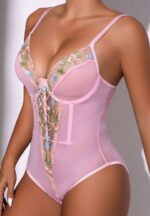 Pink Sheer Bodysuit with Floral Embroidery - Image 5