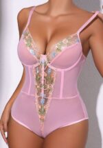 Pink Sheer Bodysuit with Floral Embroidery - Image 6